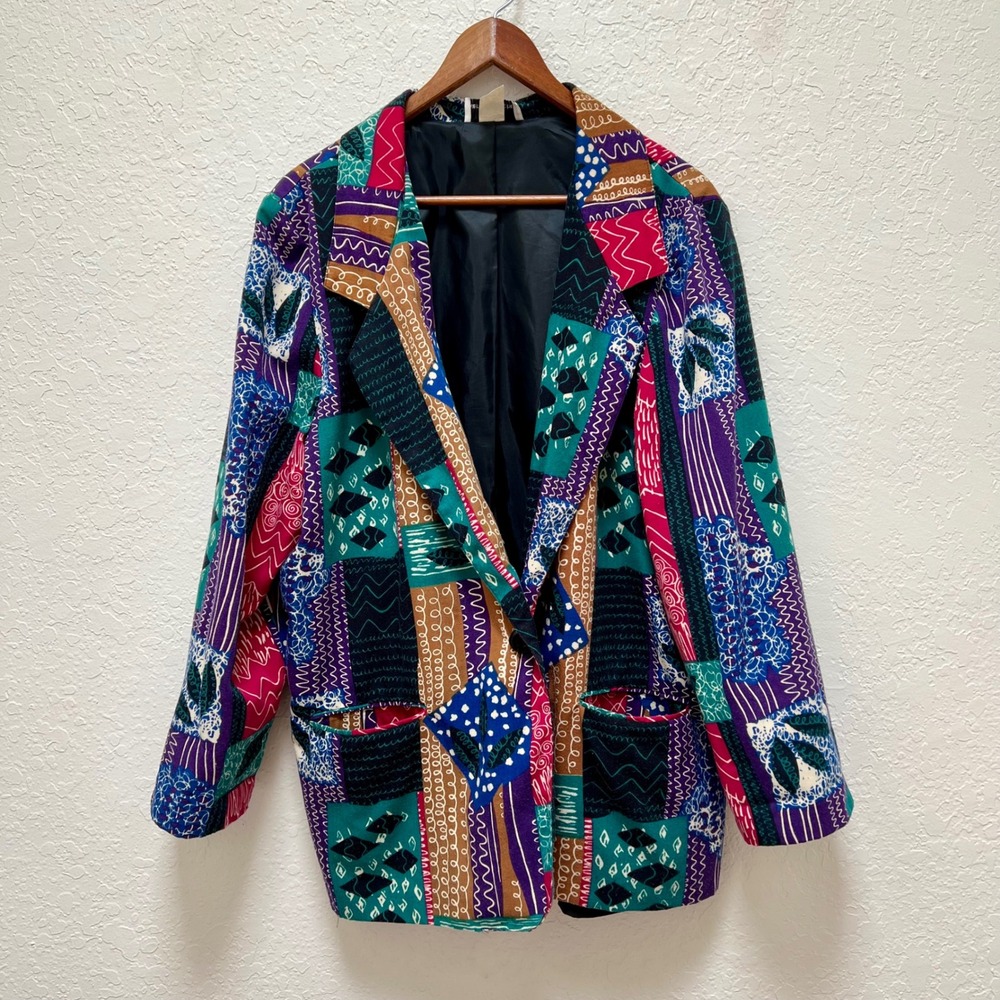 Kenneth Mitchell VTG 80s Patchwork Geometric Print Blazer Women 1X Multicolor